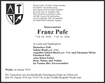 Traueranzeige von Franz Pufe