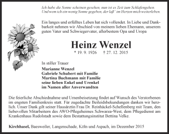 Traueranzeige von Heinz Wenzel von Ostthüringer Zeitung