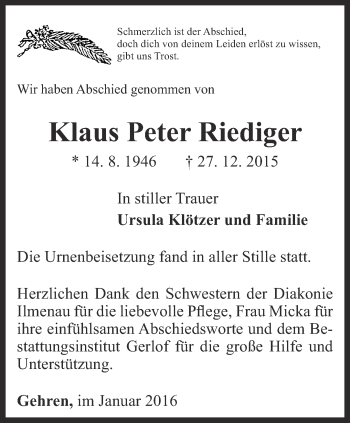 Traueranzeige von Klaus Peter Riediger von Thüringer Allgemeine