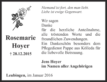 Traueranzeige von Rosemarie Hoyer von Thüringer Allgemeine