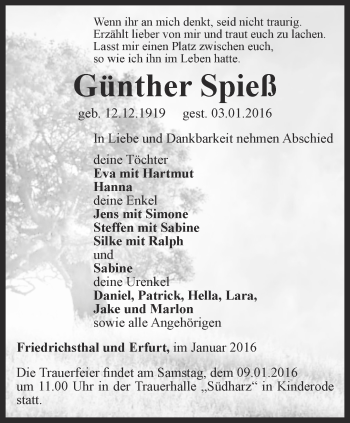 Traueranzeige von Günther Spieß von Thüringer Allgemeine