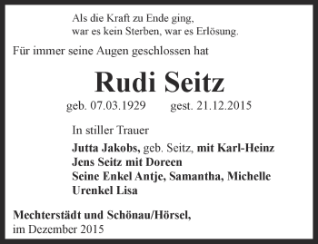 Traueranzeige von Rudi Seitz von Ostthüringer Zeitung, Thüringische Landeszeitung