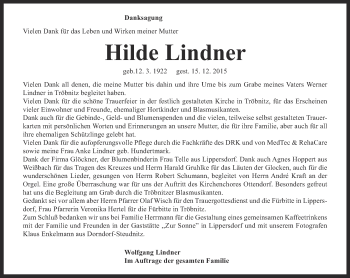 Traueranzeige von Hilde Lindner von Ostthüringer Zeitung