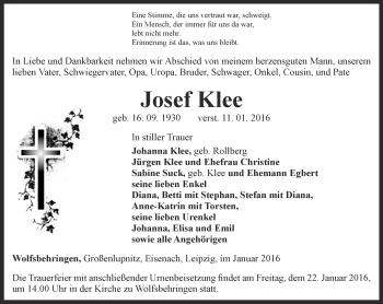 Traueranzeige von Josef Klee von Thüringer Allgemeine, Thüringische Landeszeitung