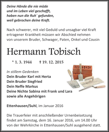 Traueranzeige von Hermann Tobisch von Thüringer Allgemeine, Thüringische Landeszeitung