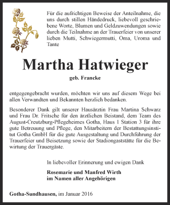 Traueranzeige von Martha Hatwieger von Ostthüringer Zeitung, Thüringische Landeszeitung
