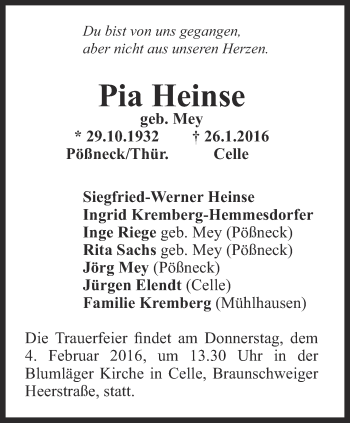 Traueranzeige von Pia Heinse von Thüringer Allgemeine, Thüringische Landeszeitung