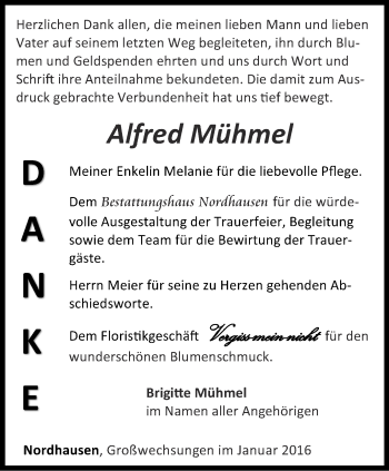 Traueranzeige von Alfred Mühmel von Thüringer Allgemeine