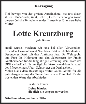 Traueranzeige von Lotte Kreutzburg von Ostthüringer Zeitung, Thüringische Landeszeitung