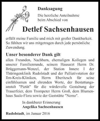 Traueranzeige von Detlef Sachsenhausen von Ostthüringer Zeitung