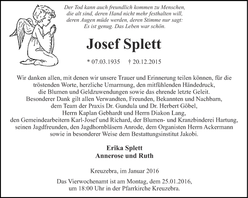  Traueranzeige für Josef Splett vom 23.01.2016 aus Thüringer Allgemeine