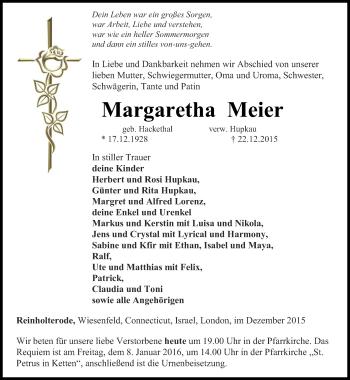 Traueranzeige von Margaretha Meier von Thüringer Allgemeine