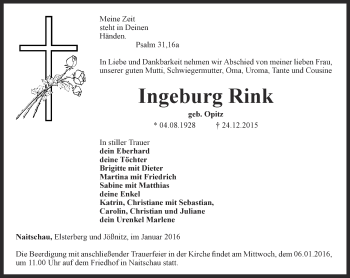 Traueranzeige von Ingeburg Rink von Ostthüringer Zeitung