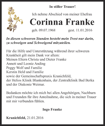 Traueranzeige von Corinna Franke von Thüringer Allgemeine, Thüringische Landeszeitung