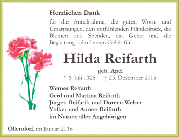 Traueranzeige von Hilda Reifarth von Thüringer Allgemeine, Thüringische Landeszeitung