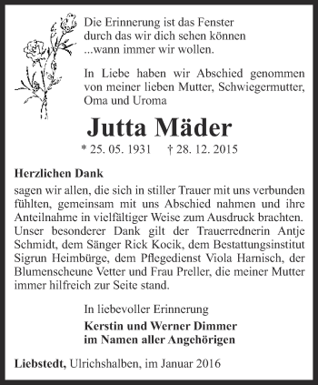 Traueranzeige von Jutta Mäder von Thüringer Allgemeine, Thüringische Landeszeitung