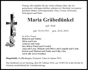 Traueranzeige von Maria Gräbedünkel von Thüringer Allgemeine