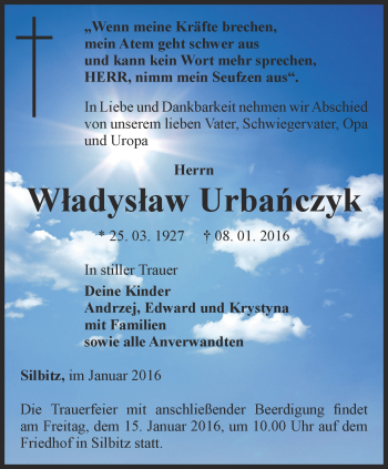 Traueranzeige von Wladyslaw Urbanczyk von Ostthüringer Zeitung