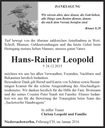Traueranzeige von Hans-Rainer Leopold von Thüringer Allgemeine