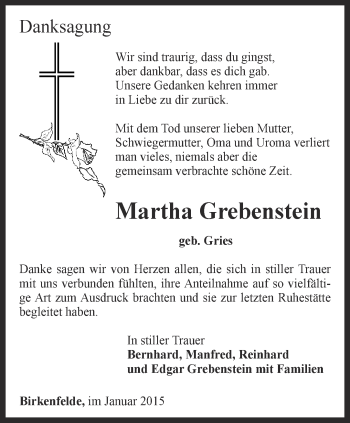 Traueranzeige von Martha Grebenstein von Thüringer Allgemeine