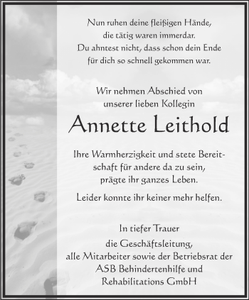 Traueranzeige von Annette Leithold von Ostthüringer Zeitung, Thüringische Landeszeitung