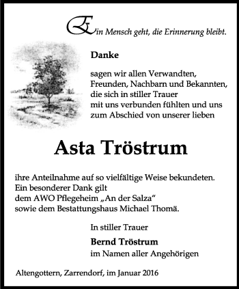 Traueranzeige von Asta Tröstrum von Thüringer Allgemeine, Thüringische Landeszeitung