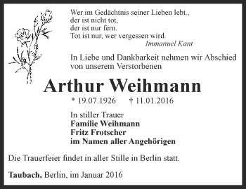 Traueranzeige von Arthur Weihmann von Thüringer Allgemeine, Thüringische Landeszeitung