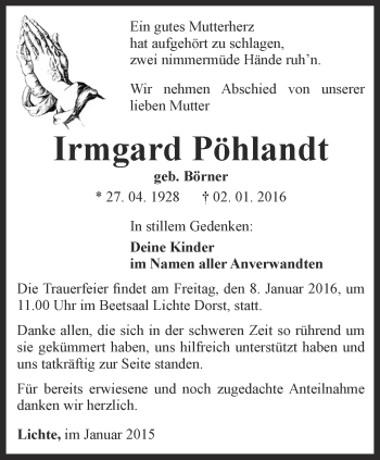 Traueranzeige von Irmgard Pöhlandt von Ostthüringer Zeitung