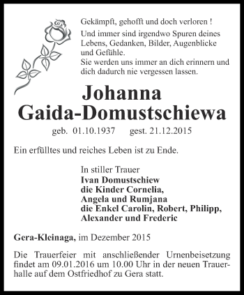 Traueranzeige von Johanna Gaida-Domustschiewa von Ostthüringer Zeitung