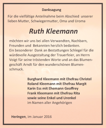 Traueranzeige von Ruth Kleemann von Thüringer Allgemeine