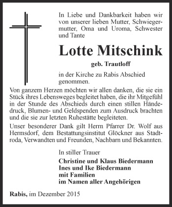 Traueranzeige von Lotte Mitschink von Ostthüringer Zeitung