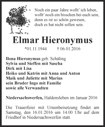 Traueranzeige von Elmar Hieronymus von Thüringer Allgemeine