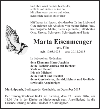 Traueranzeige von Marta Eisenmenger von Thüringer Allgemeine