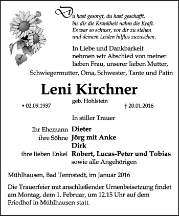 Traueranzeige von Leni Kirchner von Thüringer Allgemeine, Thüringische Landeszeitung