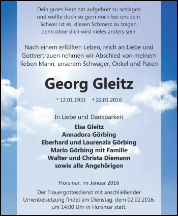 Traueranzeige von Georg Gleitz von Thüringer Allgemeine, Thüringische Landeszeitung