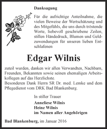 Traueranzeige von Edgar Wilnis von Ostthüringer Zeitung