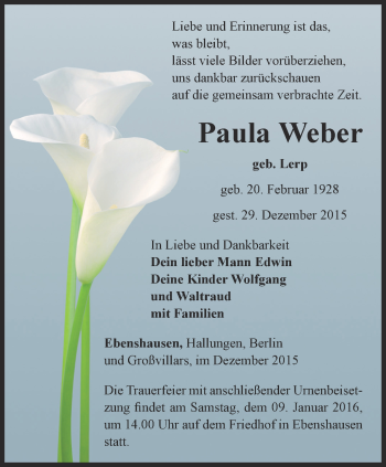 Traueranzeige von Paula Weber von Thüringer Allgemeine, Thüringische Landeszeitung