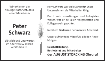 Traueranzeige von Peter Schwarz von Ostthüringer Zeitung, Thüringische Landeszeitung