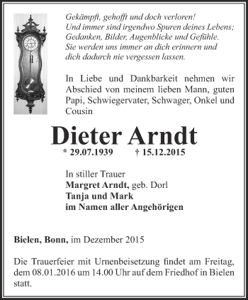 Traueranzeige von Dieter Arndt von Thüringer Allgemeine