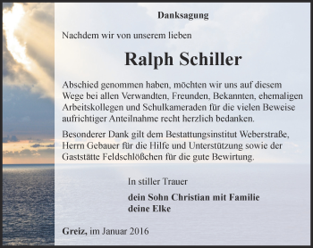 Traueranzeige von Ralph Schiller von Ostthüringer Zeitung