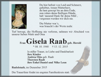 Traueranzeige von Gisela Raab von Ostthüringer Zeitung
