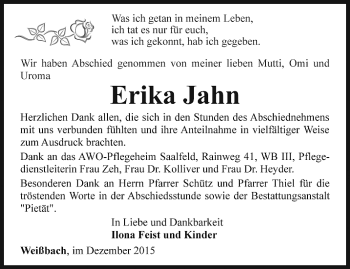 Traueranzeige von Erika Jahn von Ostthüringer Zeitung