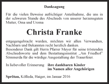 Traueranzeige von Christa Franke von Thüringer Allgemeine