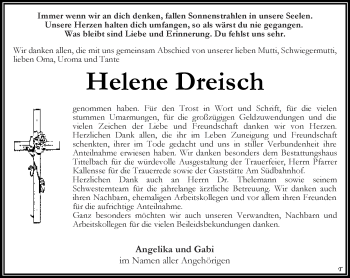 Traueranzeige von Helene Dreisch von Thüringer Allgemeine