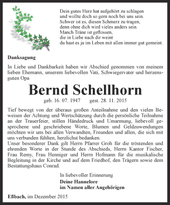 Traueranzeige von Bernd Schellhorn von Ostthüringer Zeitung