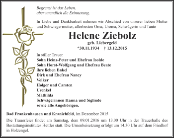 Traueranzeige von Helene Ziebholz von Thüringer Allgemeine