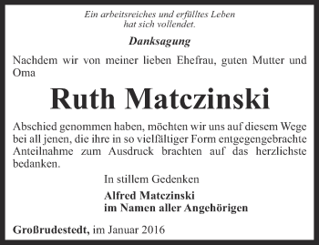 Traueranzeige von Ruth Matczinski von Thüringer Allgemeine