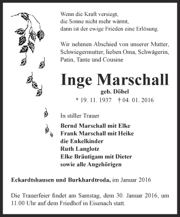 Traueranzeige von Inge Marschall von Thüringer Allgemeine, Thüringische Landeszeitung