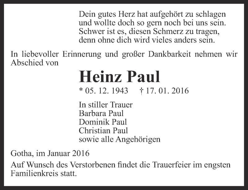  Traueranzeige für Heinz Paul vom 22.01.2016 aus Ostthüringer Zeitung, Thüringische Landeszeitung