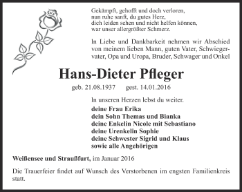 Traueranzeige von Hans-Dieter Pfleger von Thüringer Allgemeine